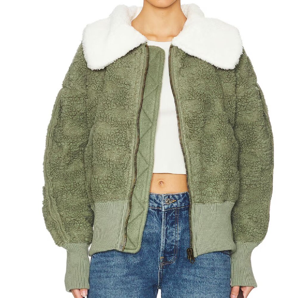 FREE PEOPLE GREEN Crystal Kelp Cozy Up Faux Fur Cardi FLEECE JACKET SIZE LARGE